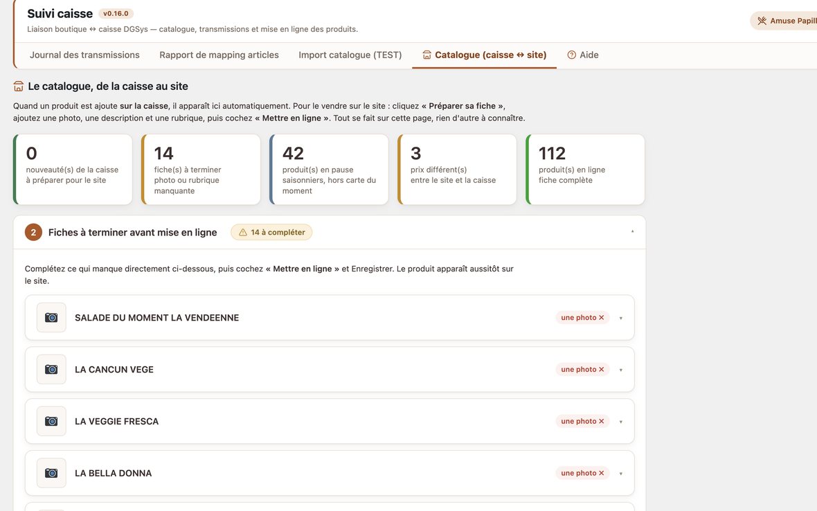Tableau de suivi du catalogue : produits à préparer, fiches à terminer et produits déjà en ligne