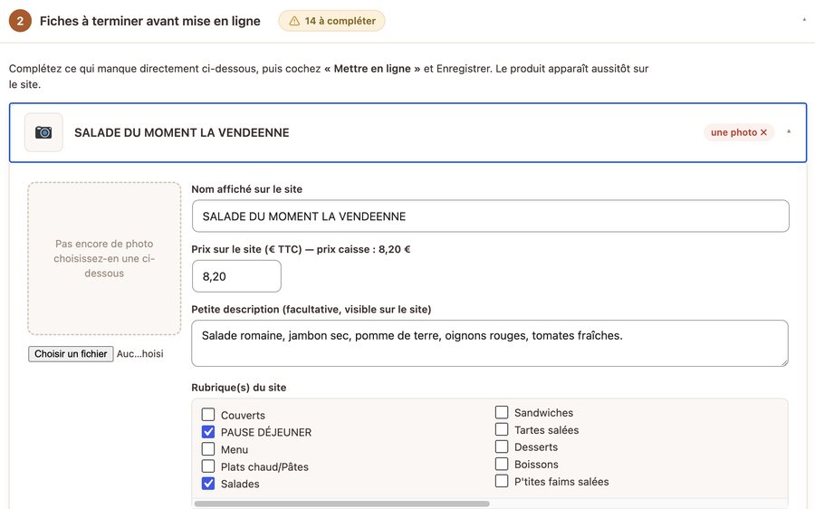 Fiche produit à compléter avant mise en ligne : nom, prix, description et rubriques du site