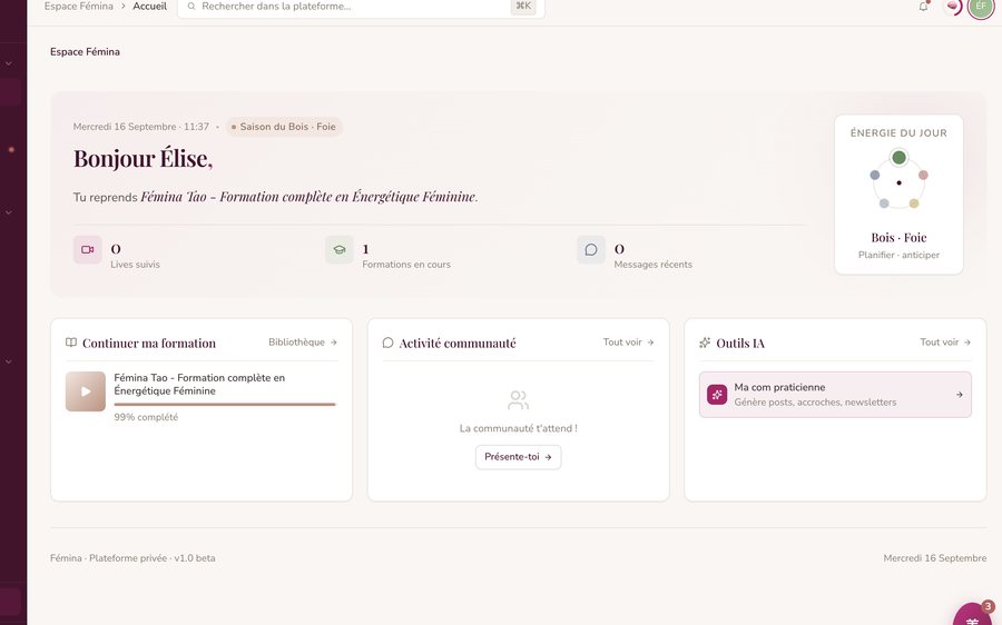 Tableau de bord de l’espace membre : formations en cours, communauté et outils IA