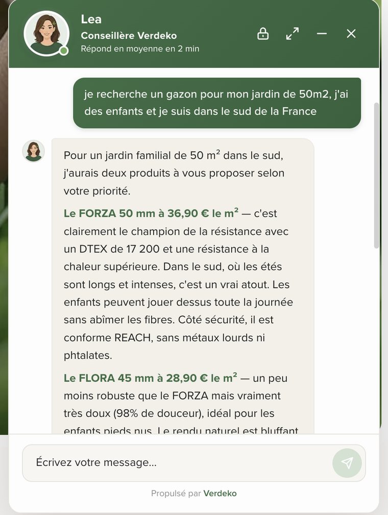 Dans l’interface Verdeko, l’assistante Léa formule le conseil à partir des sources et des données mobilisées