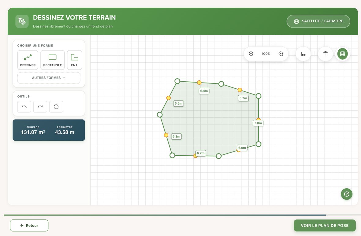 Le client dessine son terrain dans le configurateur Verdeko ; la surface et le périmètre se calculent à mesure