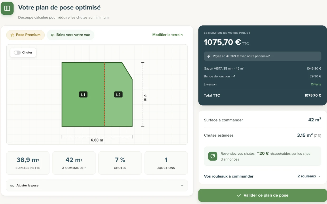 Le plan de pose calculé : 42 m² à commander, 7 % de chutes
