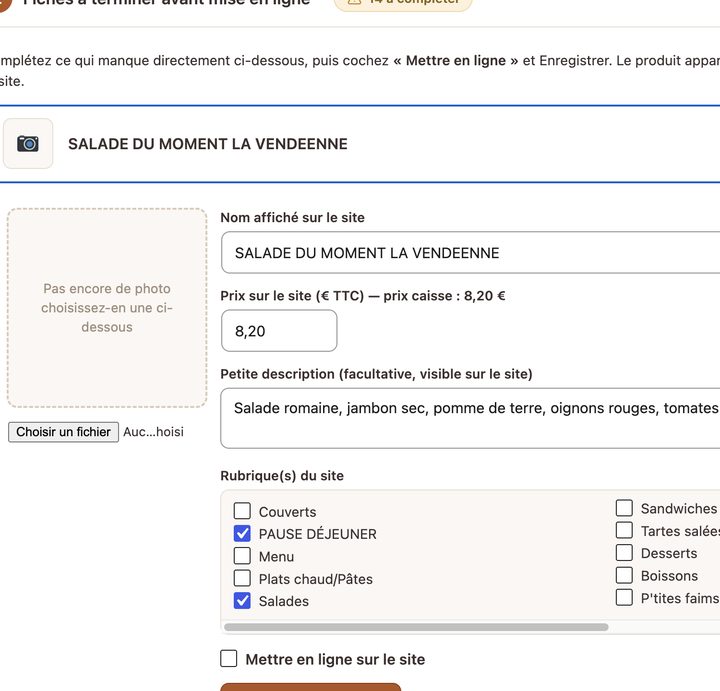 Fiche produit à compléter avant mise en ligne : nom, prix, description et rubriques du site