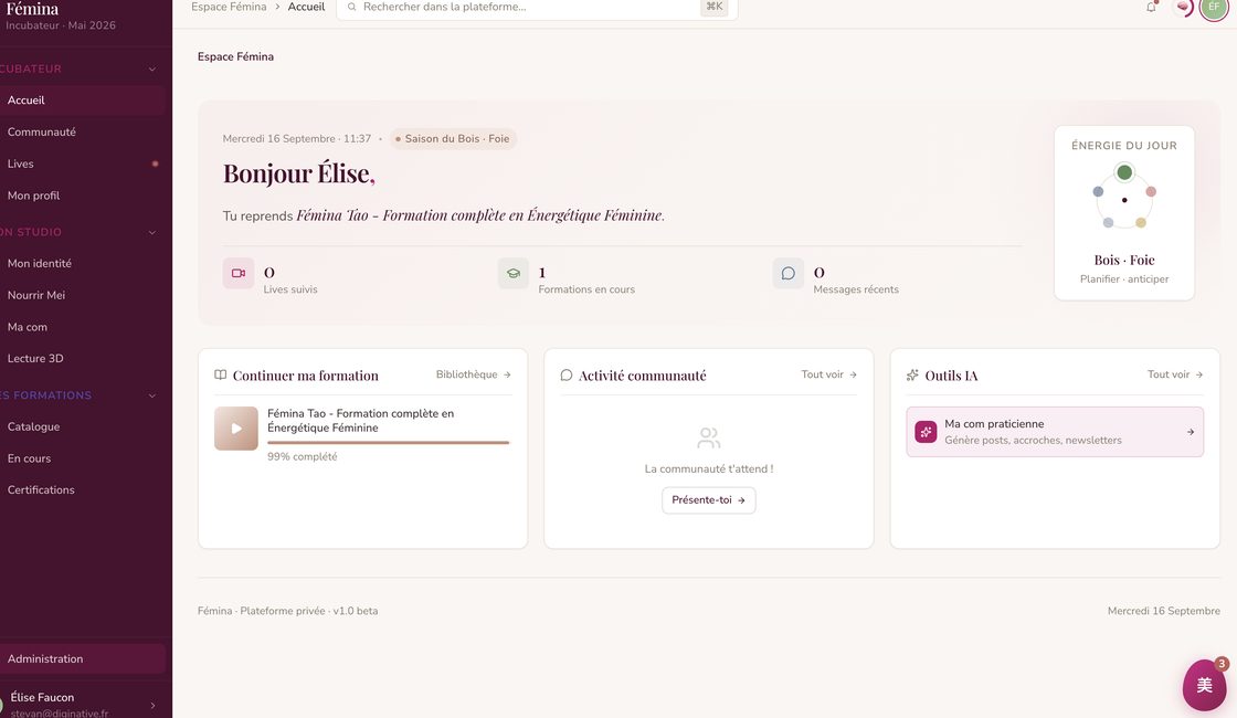 Espace membre Fémina : formations en cours, communauté et outils IA réunis dans un même tableau de bord