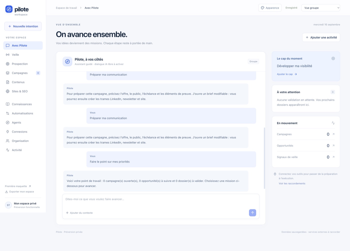 Dialogue guidé avec Pilote pour préparer une communication