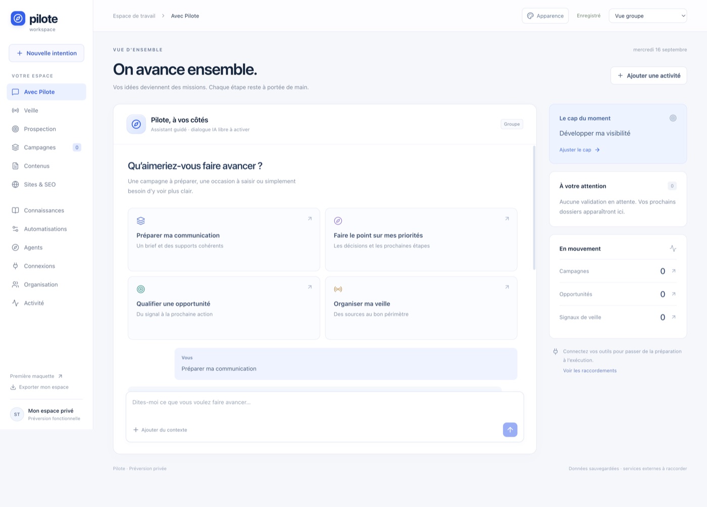 Vue d’ensemble de Pilote avec les intentions, priorités et activités