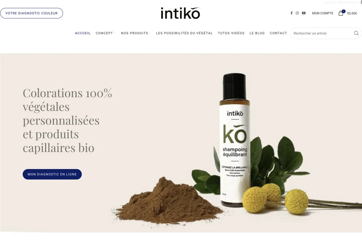 La page d'accueil d'intiko : colorations végétales personnalisées, avec un seul bouton, Mon diagnostic en ligne