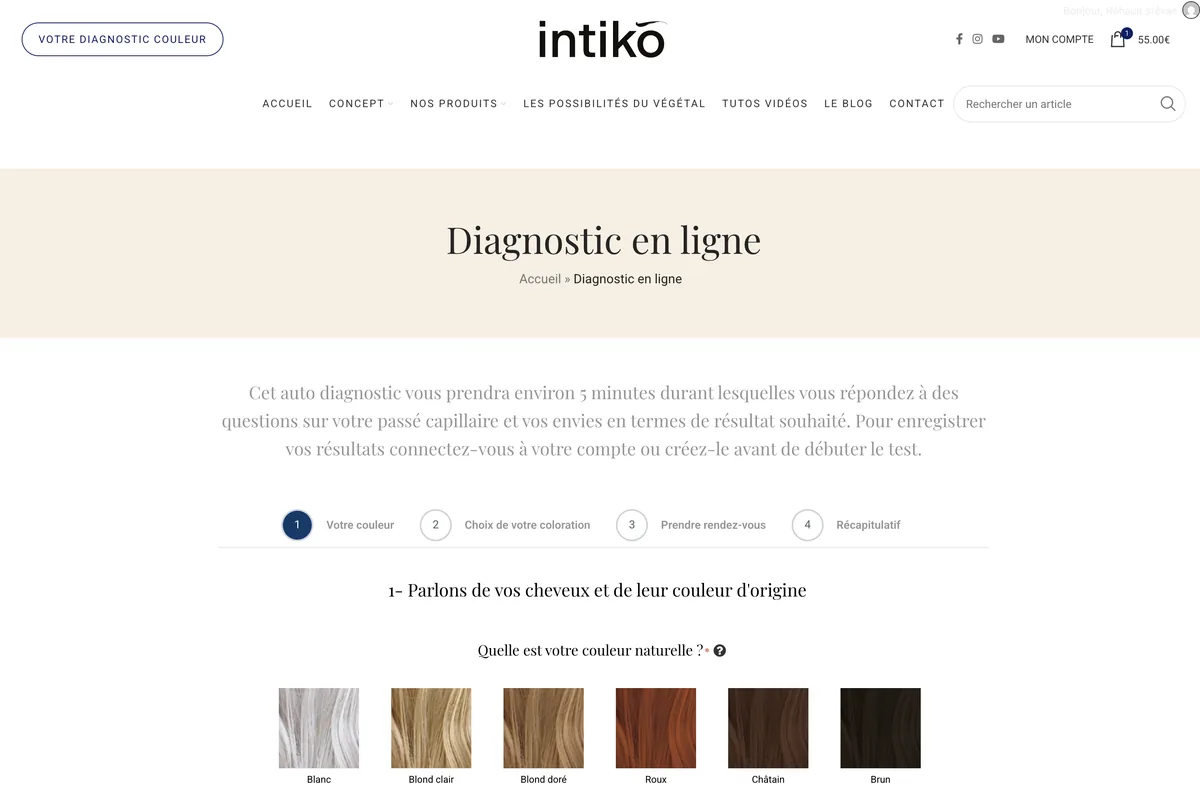 Le diagnostic en ligne : quatre étapes annoncées, puis le choix de la couleur naturelle parmi six nuances