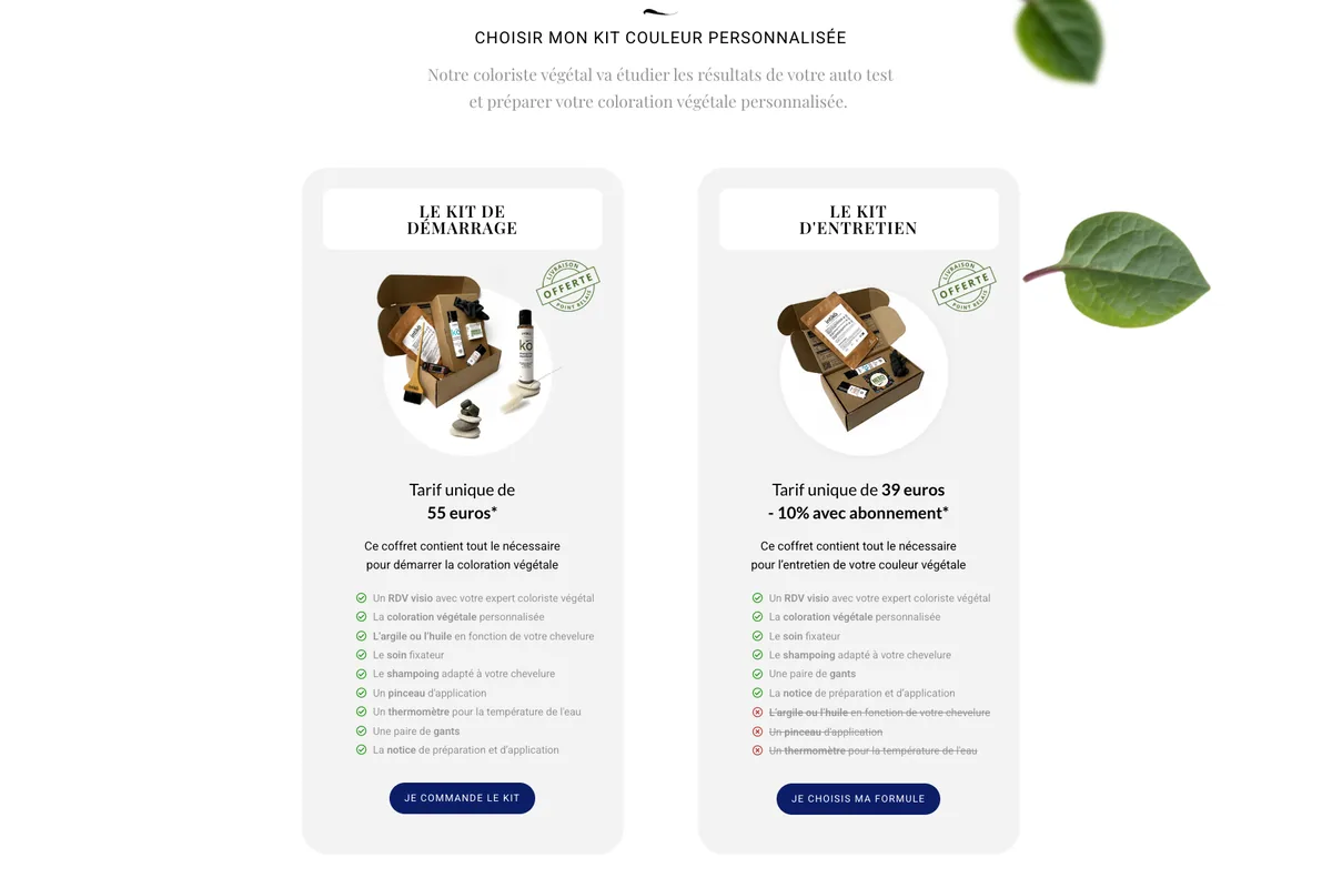Le choix du kit : kit de démarrage à 55 euros, kit d'entretien à 39 euros, avec le contenu de chacun